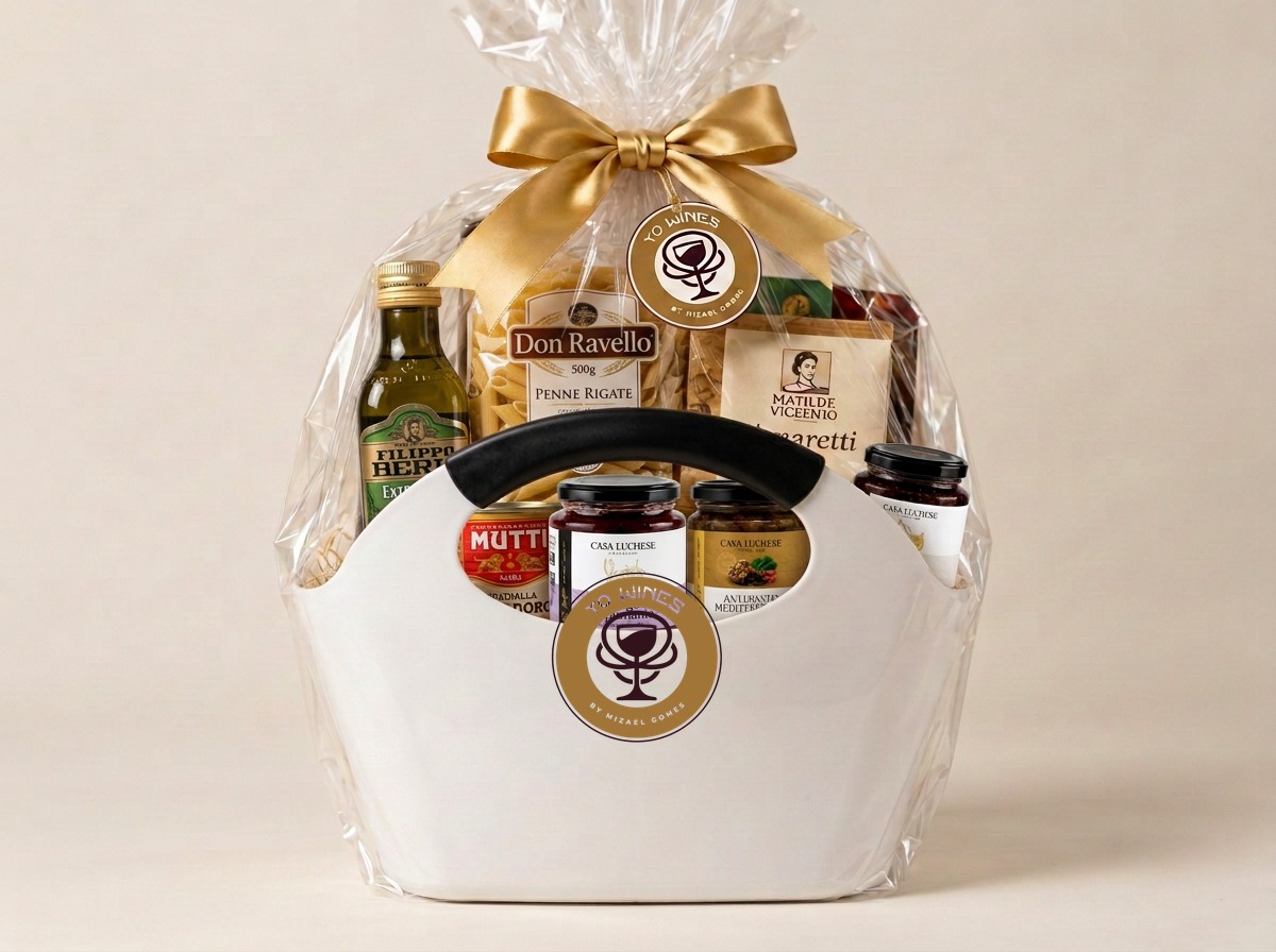 Modelo ilustrativo Yo Wines com cooler-bag personalizada, produtos do catálogo, celofane e laço dourado